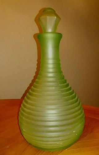 Antique Frigidaire Decanter Green Ribbed Vaseline Glass With Stopper 1930 