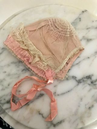 Antique Victorian Edwardian Pink Baby Bonnet Ruched Silk Lace Ribbon Darling