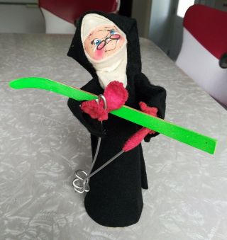 Vintage Annalee Doll Nun Black Habit With Skis And Poles Skiing 10 "