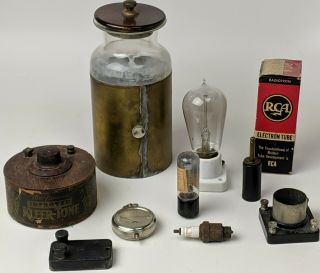 Antique Scientific Lab Assortment Of Parts,  Tubes Jar,  Bulb,  Socket Experimenter