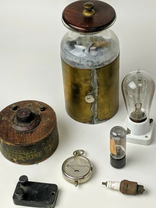 Antique Scientific Lab Assortment of Parts,  Tubes Jar,  Bulb,  Socket Experimenter 3