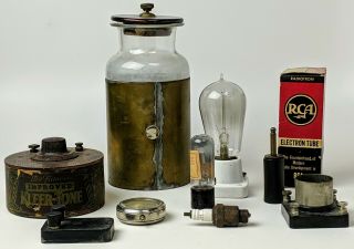 Antique Scientific Lab Assortment of Parts,  Tubes Jar,  Bulb,  Socket Experimenter 6