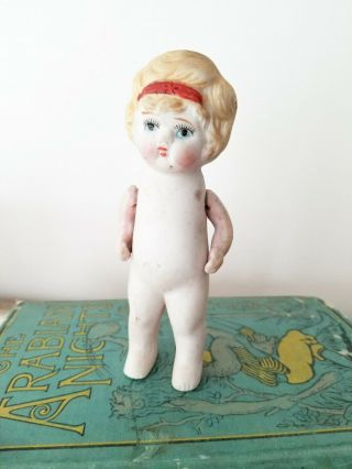 Vintage 1930s Japan Bisque Doll,  Jointed Arms,  Frozen Legs,  5” Blonde