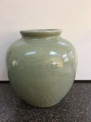Antique Vintage Signed Chinese Celadon Green Incised Porcelain Stoneware Jar