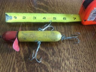 Vintage Wooden Fishing Lure Jointed Wood Globe Yellow Red 5 " Antique Wood