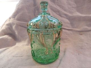 Antique Jefferson Glass Co Idyll Pattern Green Gold Lidded Candy Jar Eapg
