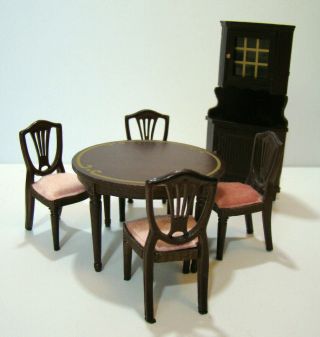 Vintage Lundby Dollhouse Dining Room Classic Table Chairs & Corner Cabinet Hutch