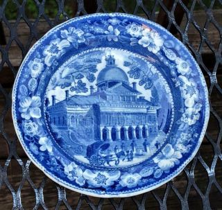 American Historical Staffordshire Blue Transfer Plate,  Boston State House,  Wood