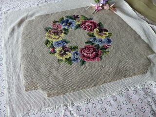 Vintage Hand Embroidered Tapestry Chair Cover - Circle Of Roses/flowers