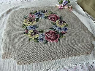 VINTAGE HAND EMBROIDERED TAPESTRY CHAIR COVER - CIRCLE OF ROSES/FLOWERS 2
