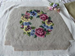 VINTAGE HAND EMBROIDERED TAPESTRY CHAIR COVER - CIRCLE OF ROSES/FLOWERS 5