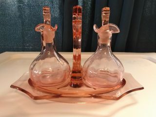 Pink Antique Depression Glass Cruet Set With Tray - Cruet Oil,  Vinegar Cambridge