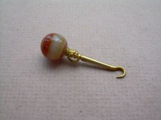 Antique Victorian Miniature Agate & Yellow Metal Chatelain Button Hook.