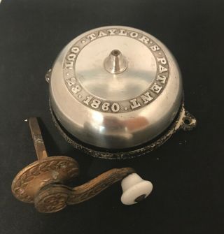 Taylor’s Patent October 23,  1860 Crank Doorbell Brass Cast Iron Porcelain Knob