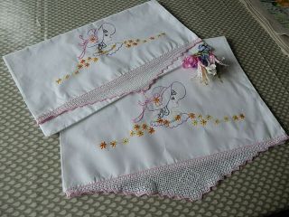 Vintage Hand Embroidered Pillowcases Pair.  Crinoline Ladies