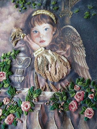 Vintage Hand Embroidered Picture Of Beautifully Embroidered Little Angel