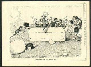 1901 Antique Print / Cartoon Of Ping Pong - Ping Pong In The Stone Age
