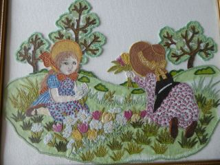 Vintage Hand Embroidered Picture Of Little Girls In Field Of Flowers