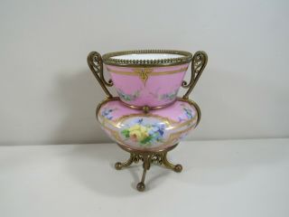 Vintage Porcelain Hand Painted Urn Vase With Ormolu Mount Stand