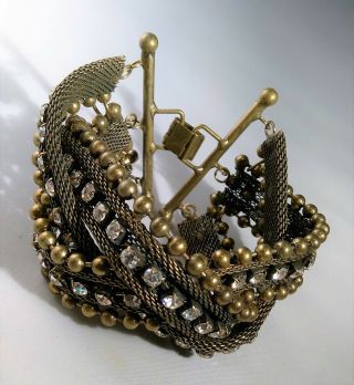 Industrial Rhinestone Metal Bracelet Antique Gold Tone Black Steampunk Glamour