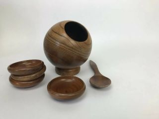 Vtg Mid Century Modern Wood Nut Bowl Serving Set Pedestal Bowl Scoop Trays