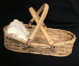 Vintage Wicker Doll Bed Basket With Handles 8 " W/ Pillow & Handles Wooden Base