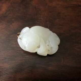 Old Chinese Carved White Jade Figure Of A Fish And Lotus With 18k Clasp