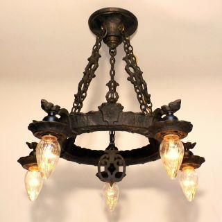Vintage Medieval Spanish Revival Tudor Gothic Black Cast Iron 5 Light Chandelier