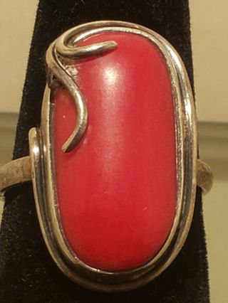 Antique Natural Red Coral Sterling Silver Art Nouveau Ring 9 1/2