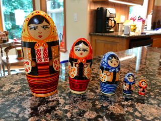 Ukraine Ussr Conical Maidens Nesting Dolls,  Vintage,  Set Of 5