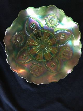 Brockwitz Antique Carnival Glass Four Flowers Green With Blue Highlights