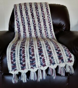 Vtg Wool Blend Crochet Throw Blanket Afghan Cream Navy Mauve Fringe 65 " X 45 "