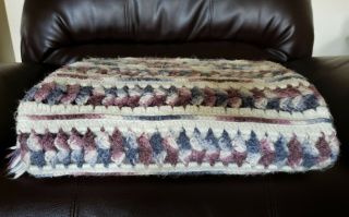 Vtg Wool Blend Crochet Throw Blanket Afghan Cream Navy Mauve Fringe 65 