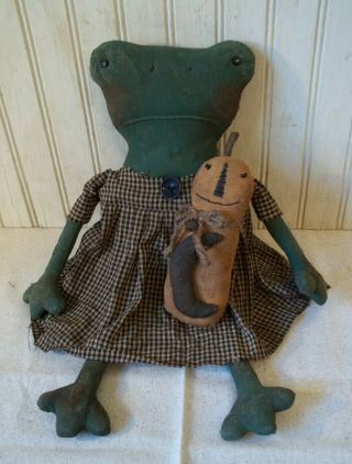 Primitive Grungy Lady Frog Halloween Doll & Her Pumpkin