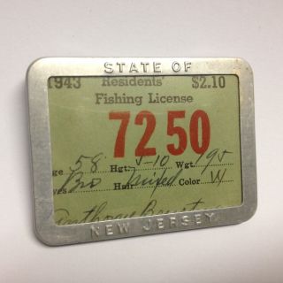 Vintage 1943 Jersey Fishing License,  Metal Frame Whitehead & Hoag Newark Nj