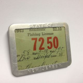 Vintage 1943 Jersey Fishing License,  Metal Frame Whitehead & Hoag Newark NJ 2