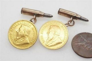 Antique South African 22k Gold ½ Pond Coin & 9k Gold Bullet Boer War Cufflinks