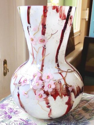 Antique Bohemian Harrach Art Glass Vase Opalescent Cherry Blossoms In The Snow