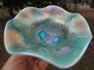 Northwood Fine Cut N Roses Antique Carnival Art Glass Ftd Candy Dish Aqua Opal