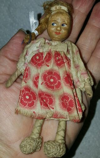 Antique 4 " Girl Doll Wire & Wrapped Cloth Body Painted Face Orig Dress