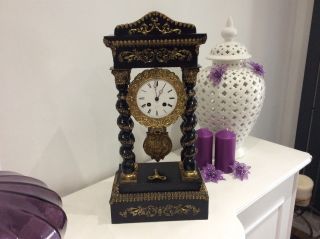 Antique French 4 Column Barley Twist Portico Clock With Ormolu Decoration C1880s