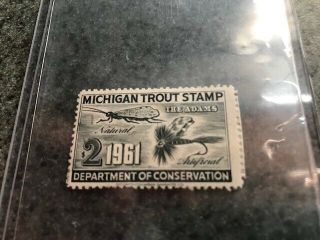 Rare Old 1961 Michigan Trout Fishing License Stamp Print Picture Fly Rod