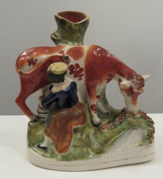 Antique Staffordshire Painted Porcelain Vase Milkmaid Milking A Cow 7.  5 "