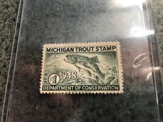 Rare Old 1948 Michigan Trout Fishing License Stamp Print Picture Fly Rod
