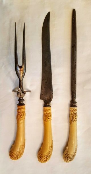 Antique French Ivory Sterling Embossed Celluloid Carving Knife Set