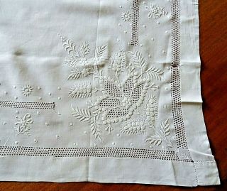 Antique White Linen Hand Embroidered & Drawn Fabric Tablecloth With Initials