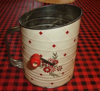 Antique 3 Cup Flour Sifter Vtg Farm House Kitchen Red Floral Shabby Chic