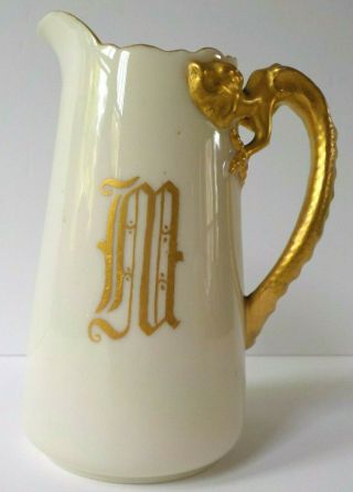 Belleek Willets Gold Dragon Handle Cream Pitcher Monogram M Antique 100,  Years