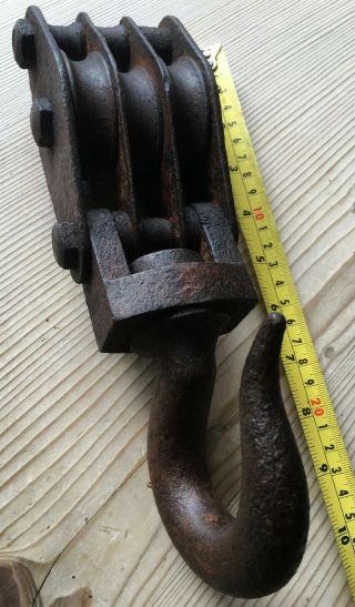 C1910 Triple Pulley 10” Iron Hooked Rope Block & Tackle Barn Vintage