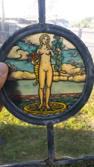 Antique Reverse Painted Leaded Stain Glass Panel Window Painting Nude Beauty